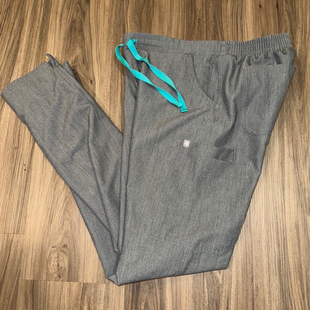 FIGS Yola Technical Collection Gray Scrub Pants Teal Drawstring‎ XS/T